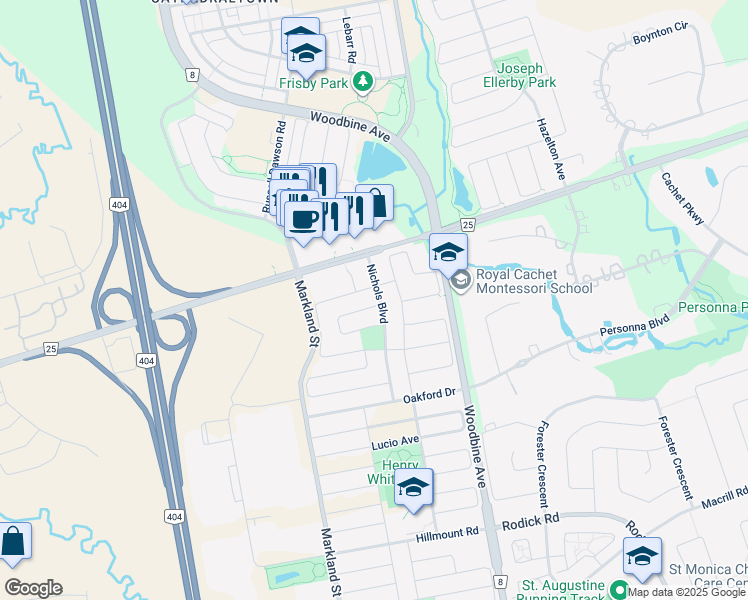 map of restaurants, bars, coffee shops, grocery stores, and more near 57 Calico Crescent in Markham