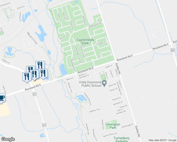 map of restaurants, bars, coffee shops, grocery stores, and more near 497 Rossland Road East in Ajax