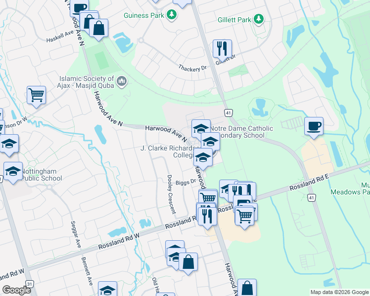 map of restaurants, bars, coffee shops, grocery stores, and more near 28 Batt Crescent in Ajax