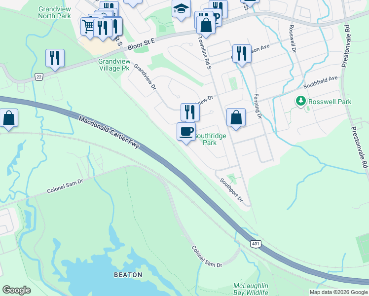 map of restaurants, bars, coffee shops, grocery stores, and more near 888 Southgate Drive in Oshawa