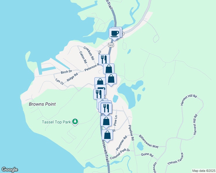 map of restaurants, bars, coffee shops, grocery stores, and more near 1261 Roosevelt Trail in Raymond