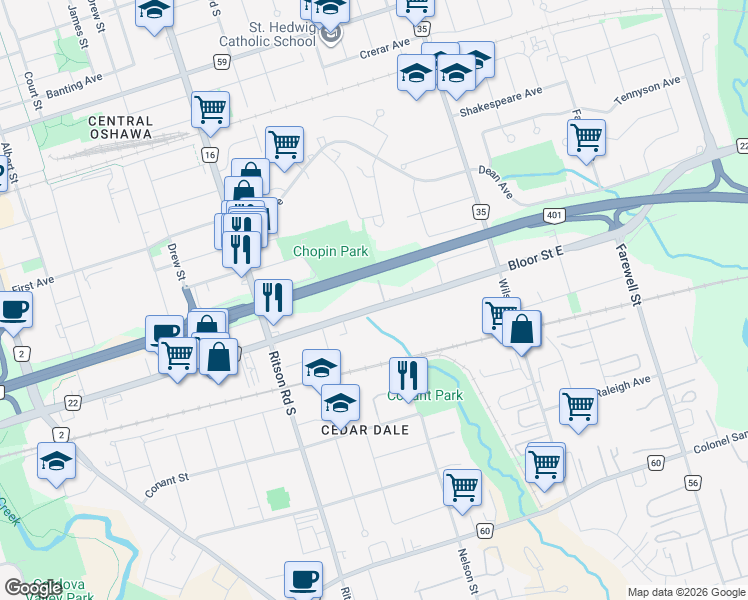 map of restaurants, bars, coffee shops, grocery stores, and more near 400 Bloor Street East in Oshawa