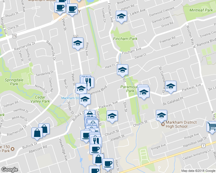 map of restaurants, bars, coffee shops, grocery stores, and more near 21 Ramona Boulevard in Markham