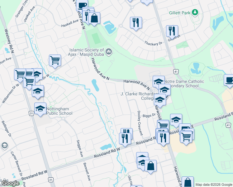 map of restaurants, bars, coffee shops, grocery stores, and more near Root Crescent in Ajax