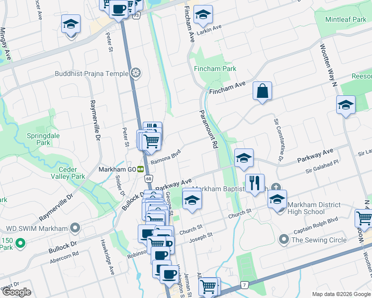 map of restaurants, bars, coffee shops, grocery stores, and more near 21 Ramona Boulevard in Markham