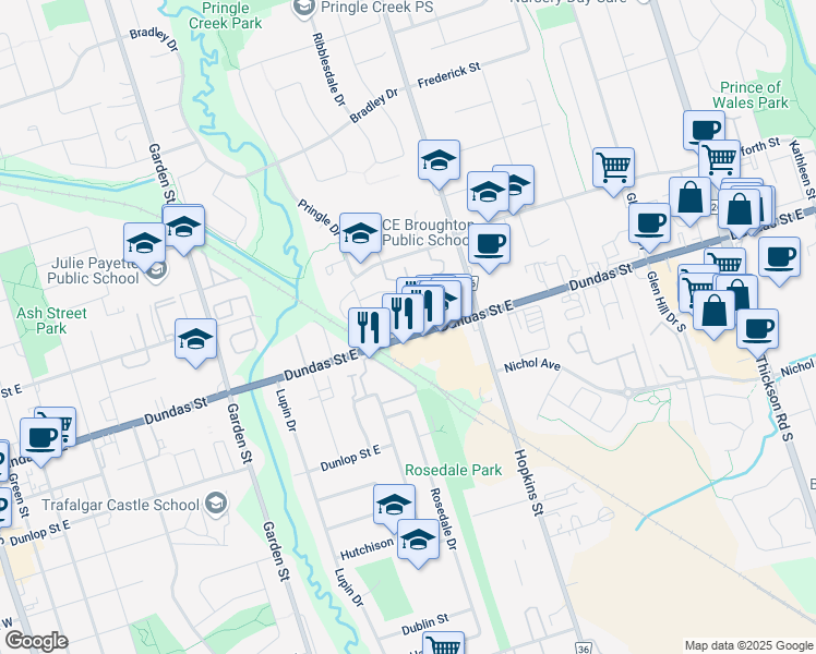 map of restaurants, bars, coffee shops, grocery stores, and more near 1010 Dundas Street East in Whitby