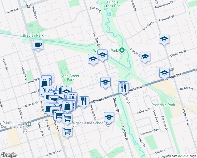 map of restaurants, bars, coffee shops, grocery stores, and more near 580 Mary Street East in Whitby