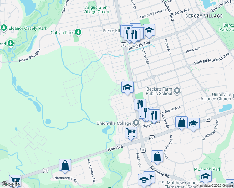 map of restaurants, bars, coffee shops, grocery stores, and more near 9 Oscar Steeper Lane in Markham