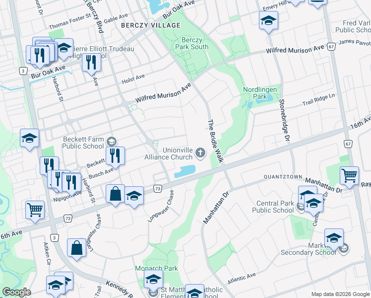 map of restaurants, bars, coffee shops, grocery stores, and more near 62 William Bartlett Drive in Markham