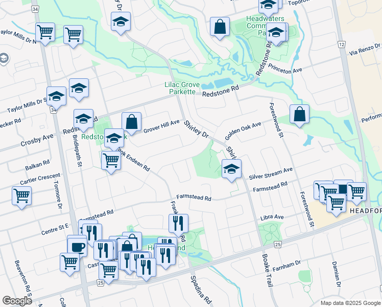 map of restaurants, bars, coffee shops, grocery stores, and more near 46 Wayside Avenue in Richmond Hill