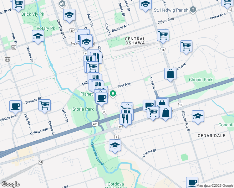 map of restaurants, bars, coffee shops, grocery stores, and more near 555 Simcoe Street South in Oshawa