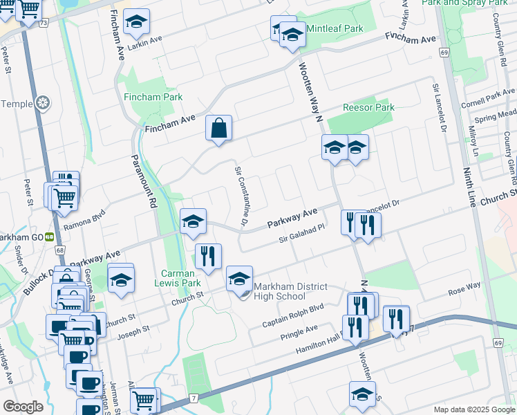 map of restaurants, bars, coffee shops, grocery stores, and more near 16 Sir Caradoc Place in Markham
