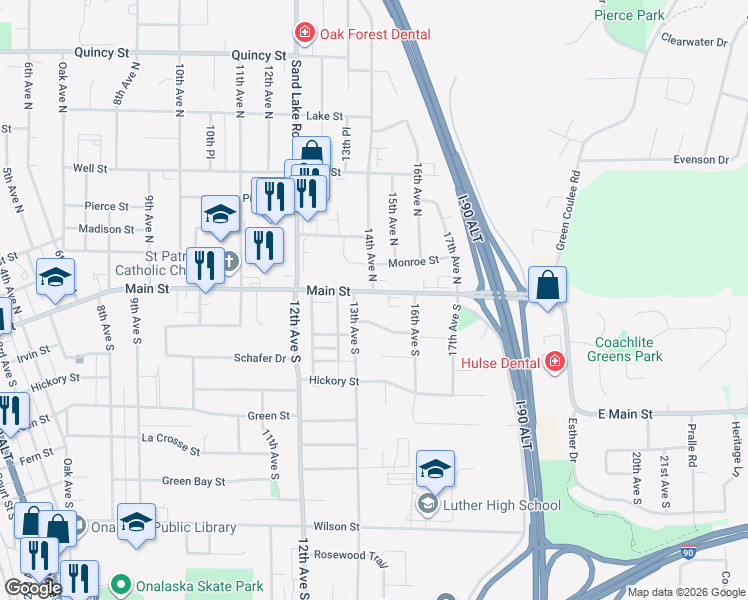 map of restaurants, bars, coffee shops, grocery stores, and more near 426 Main Street in Onalaska