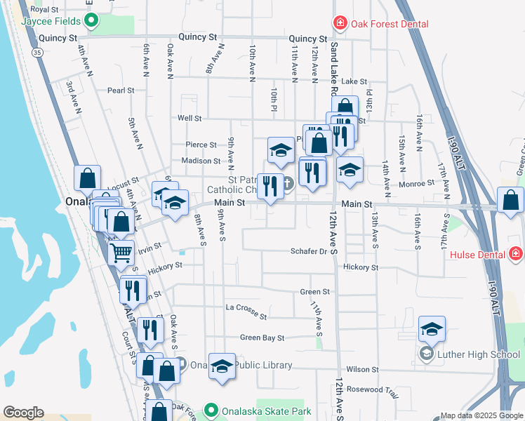 map of restaurants, bars, coffee shops, grocery stores, and more near 103 10th Avenue North in Onalaska