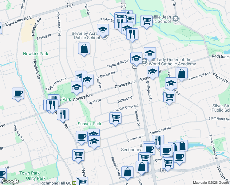 map of restaurants, bars, coffee shops, grocery stores, and more near 401 Osiris Drive in Richmond Hill