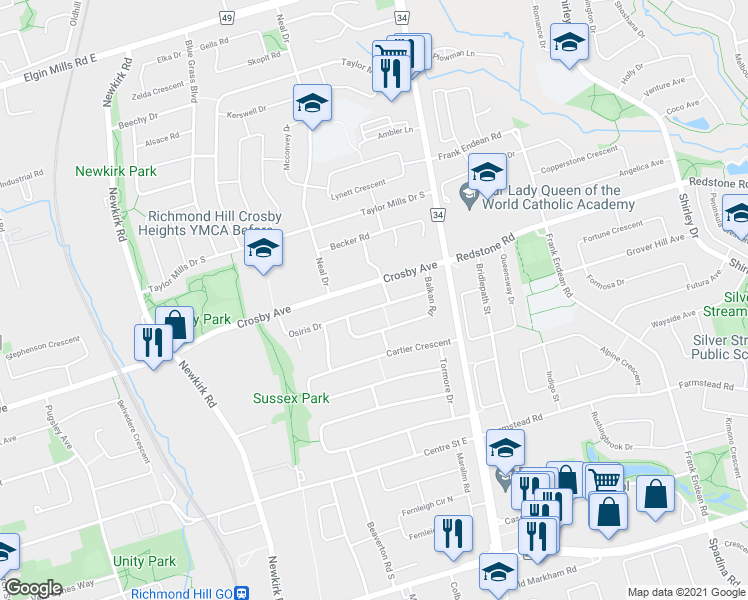 map of restaurants, bars, coffee shops, grocery stores, and more near 401 Osiris Drive in Richmond Hill