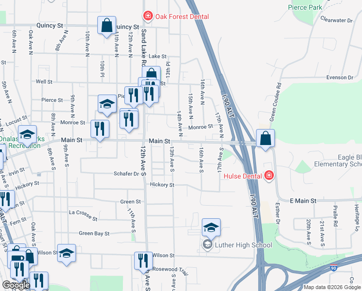 map of restaurants, bars, coffee shops, grocery stores, and more near 426 Main Street in Onalaska