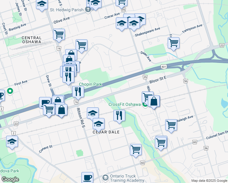 map of restaurants, bars, coffee shops, grocery stores, and more near 416 Bloor Street East in Oshawa