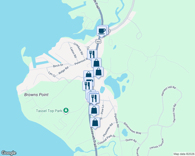 map of restaurants, bars, coffee shops, grocery stores, and more near 1259 Roosevelt Trail in Raymond