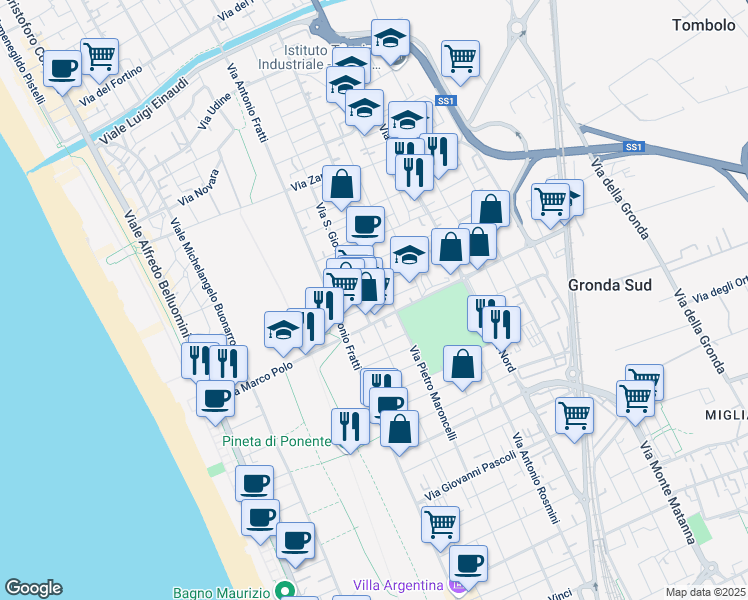 map of restaurants, bars, coffee shops, grocery stores, and more near 50 Via San Carlo Borromeo in Viareggio
