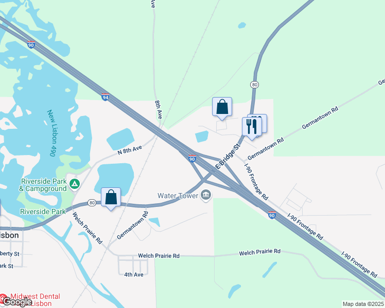 map of restaurants, bars, coffee shops, grocery stores, and more near Interstate 90 in New Lisbon