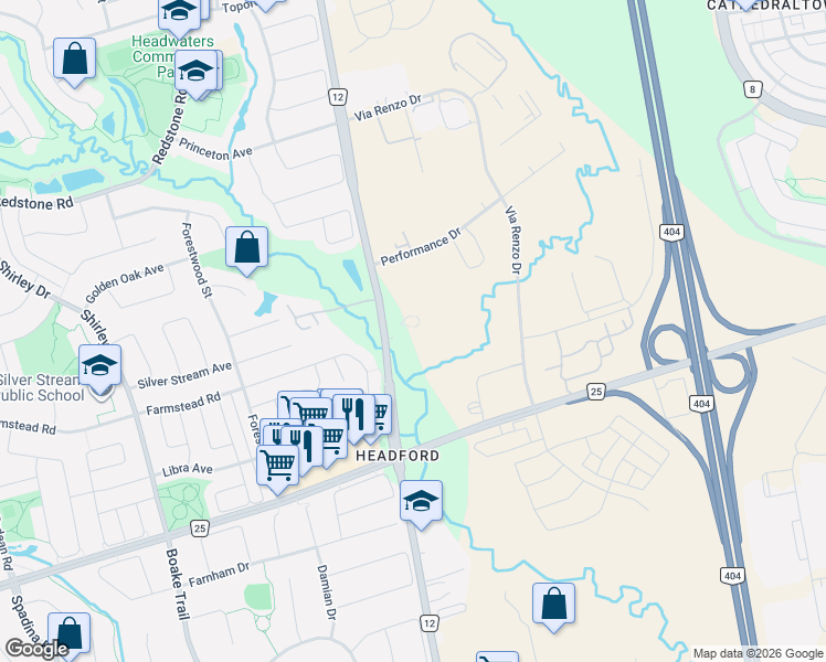map of restaurants, bars, coffee shops, grocery stores, and more near 10111 Leslie Street in Richmond Hill