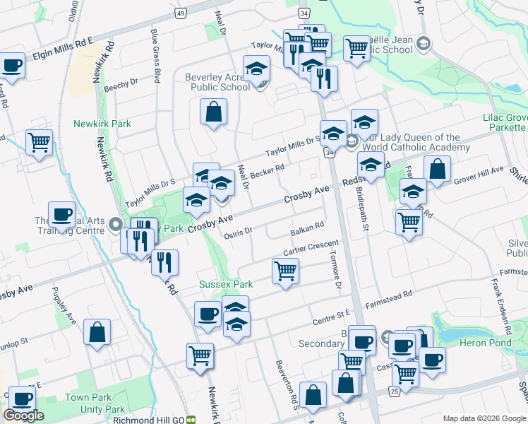 map of restaurants, bars, coffee shops, grocery stores, and more near 374 Crosby Avenue in Richmond Hill