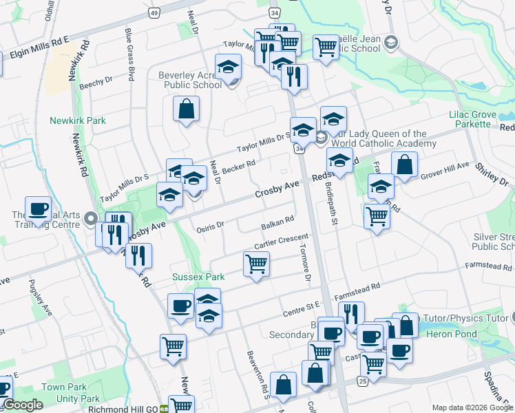 map of restaurants, bars, coffee shops, grocery stores, and more near 405 Osiris Drive in Richmond Hill