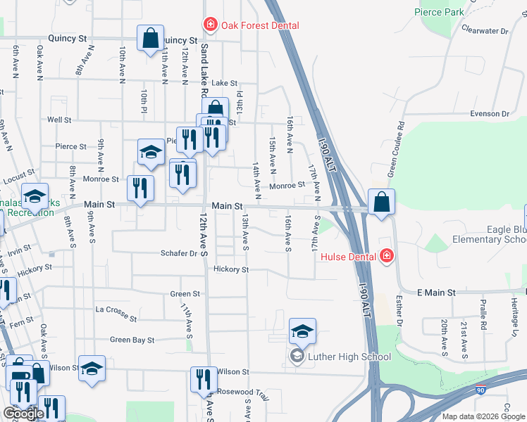 map of restaurants, bars, coffee shops, grocery stores, and more near 426 Main Street in Onalaska