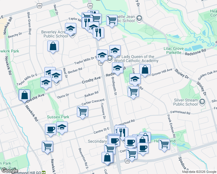 map of restaurants, bars, coffee shops, grocery stores, and more near 59 Goldbrook Crescent in Richmond Hill