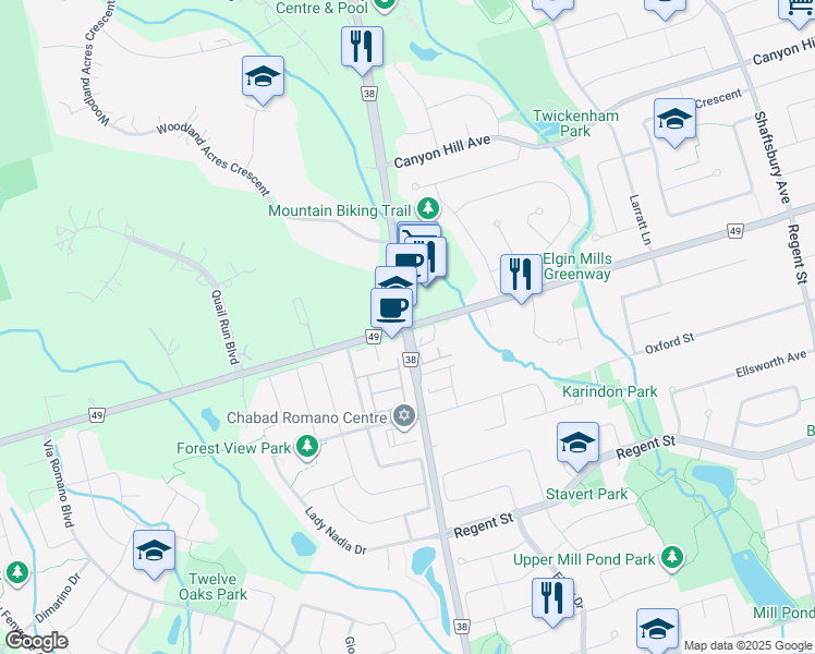 map of restaurants, bars, coffee shops, grocery stores, and more near Bathurst Street & Teston Road in Richmond Hill
