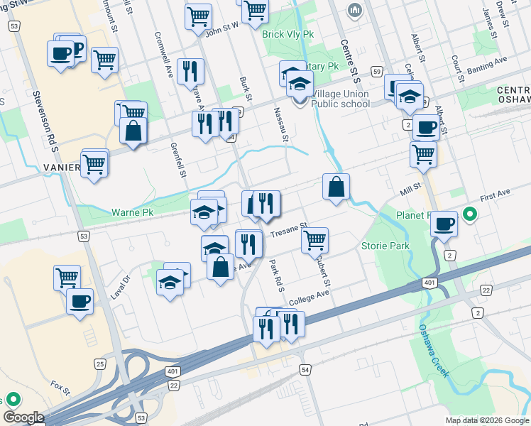 map of restaurants, bars, coffee shops, grocery stores, and more near in Oshawa