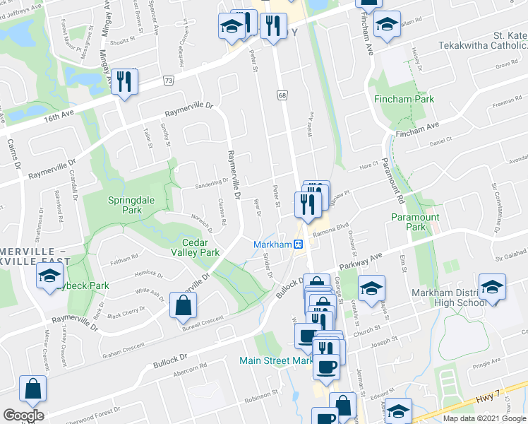 map of restaurants, bars, coffee shops, grocery stores, and more near 25 Byer Drive in Markham