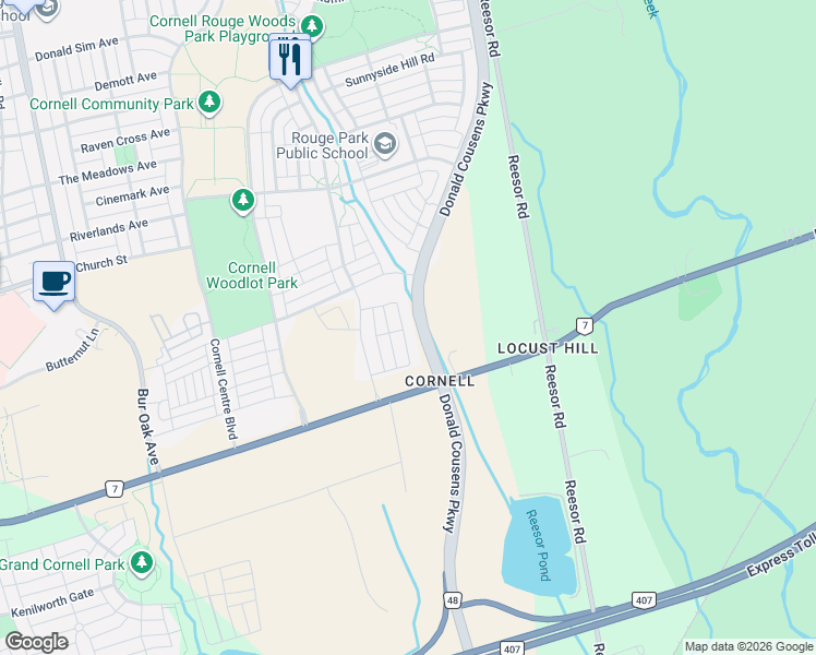 map of restaurants, bars, coffee shops, grocery stores, and more near 65 Mikayla Lane in Markham