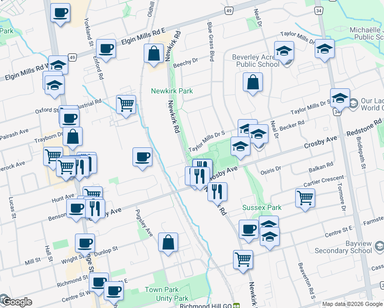 map of restaurants, bars, coffee shops, grocery stores, and more near 212 Taylor Mills Drive South in Richmond Hill