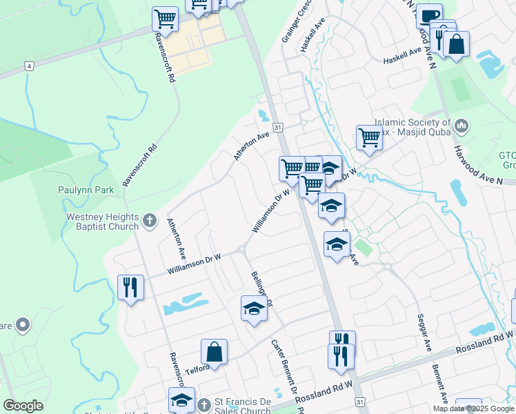 map of restaurants, bars, coffee shops, grocery stores, and more near 4 Clapperton Drive in Ajax