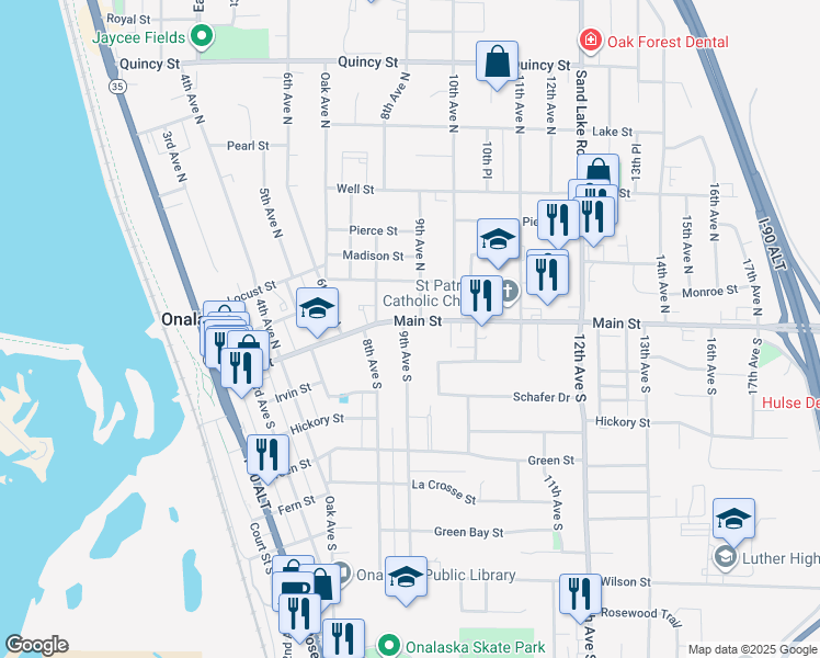 map of restaurants, bars, coffee shops, grocery stores, and more near 109 9th Avenue South in Onalaska