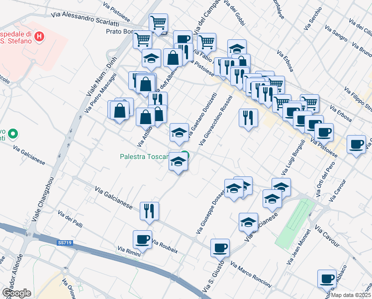 map of restaurants, bars, coffee shops, grocery stores, and more near 141 Via San Paolo in Prato