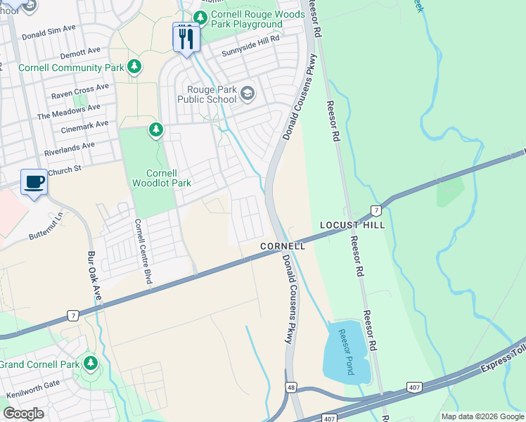 map of restaurants, bars, coffee shops, grocery stores, and more near 65 Mikayla Lane in Markham