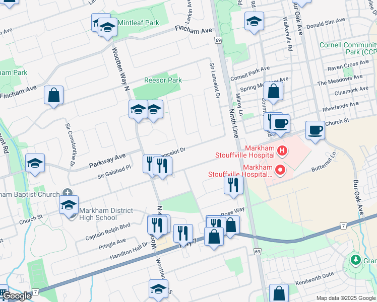 map of restaurants, bars, coffee shops, grocery stores, and more near 31 Sir Lancelot Drive in Markham