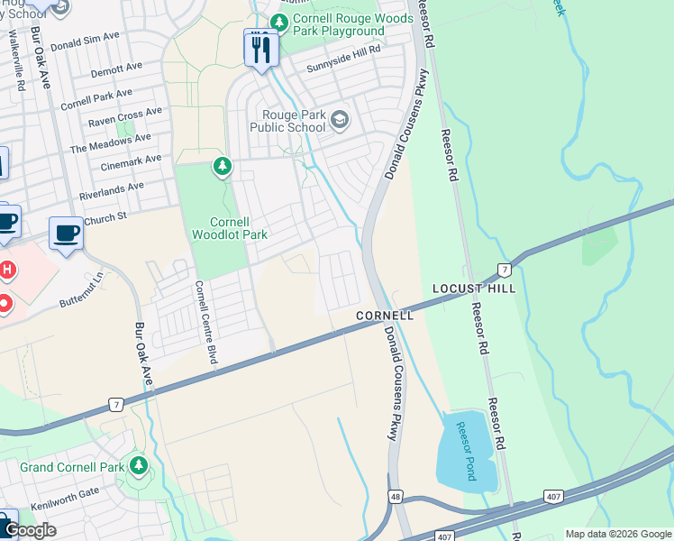 map of restaurants, bars, coffee shops, grocery stores, and more near 100 Stauffer Crescent in Markham