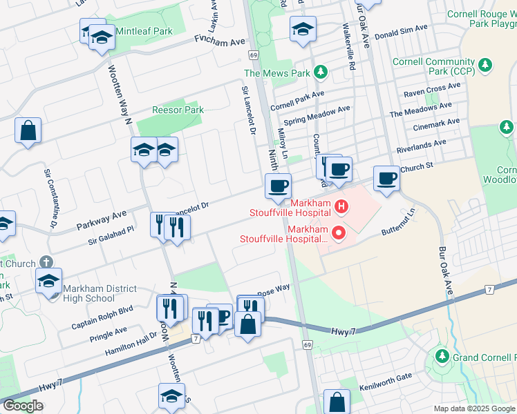 map of restaurants, bars, coffee shops, grocery stores, and more near 246 Church Street in Markham