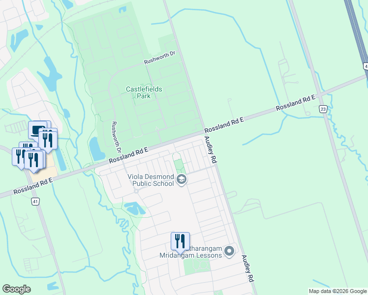 map of restaurants, bars, coffee shops, grocery stores, and more near 114 Barnham Street in Ajax