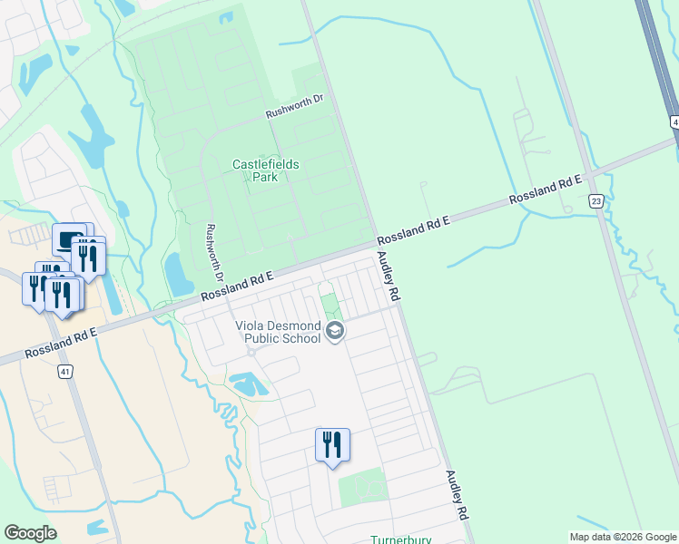 map of restaurants, bars, coffee shops, grocery stores, and more near 114 Barnham Street in Ajax