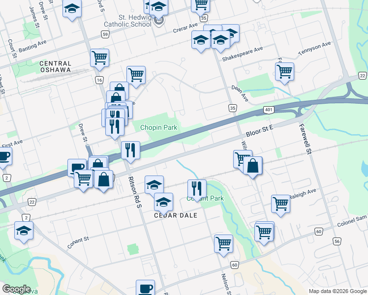 map of restaurants, bars, coffee shops, grocery stores, and more near 408 Bloor Street East in Oshawa