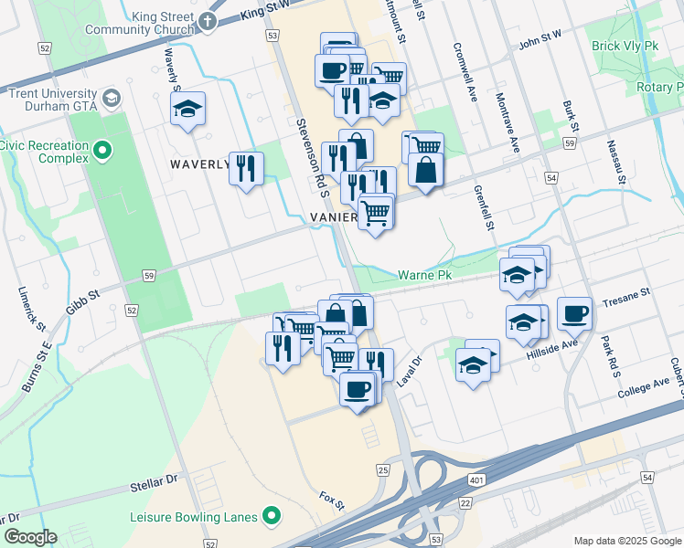 map of restaurants, bars, coffee shops, grocery stores, and more near 364 Stevenson Road South in Oshawa