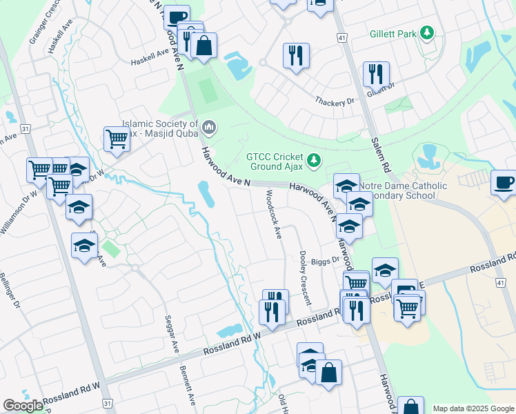 map of restaurants, bars, coffee shops, grocery stores, and more near 71 Nobbs Drive in Ajax