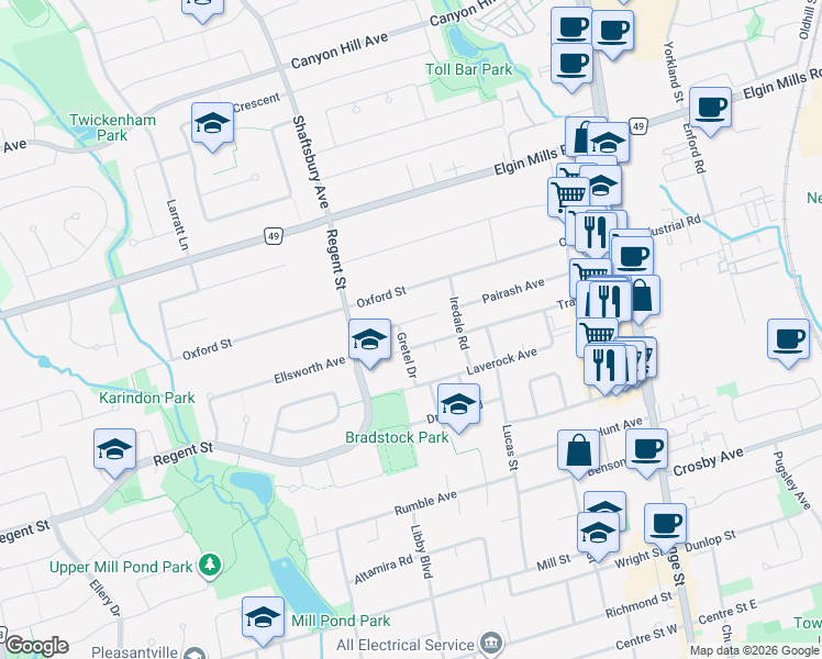 map of restaurants, bars, coffee shops, grocery stores, and more near 101 Hidden Trail Avenue in Richmond Hill