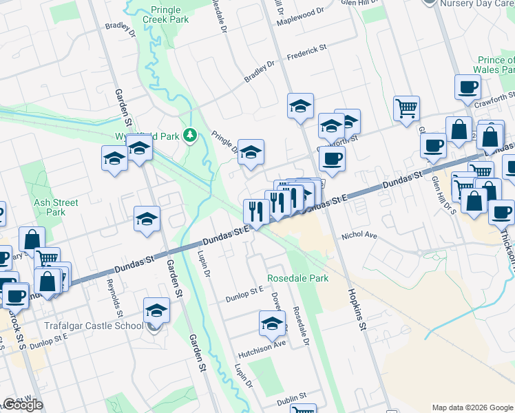 map of restaurants, bars, coffee shops, grocery stores, and more near 38 Prospect Way in Whitby