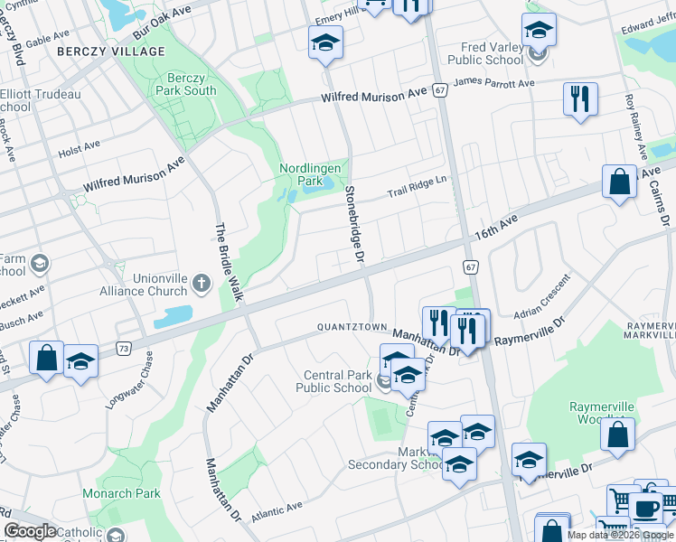 map of restaurants, bars, coffee shops, grocery stores, and more near 5160 16th Avenue in Markham